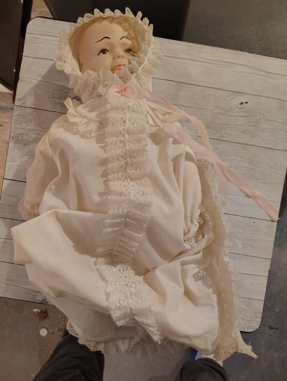 Three Faces Of Eve Antique Porcelain Baby Doll in Cream with Pink Ribbon